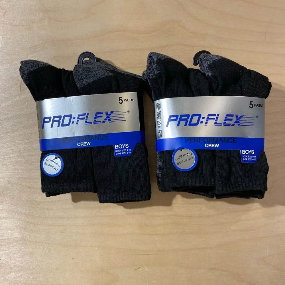 2 Pro:Flex Black Crew Socks for Boys- 5 Pairs sock size 9-11 Shoe Size 4-10 (OC)